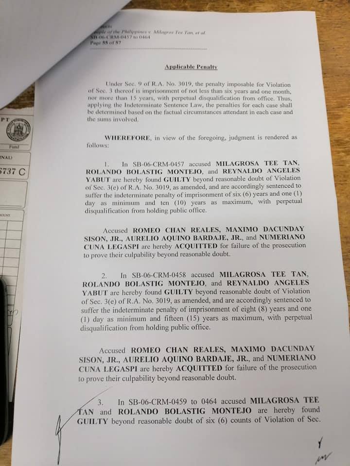 SAMAR CONG. MILA TAN, ONE OTHER, GUILTY FOR 8 COUNTS OF GRAFT; ANOTHER CO-ACCUSED FOR SENTENCED FOR 2 COUNTS