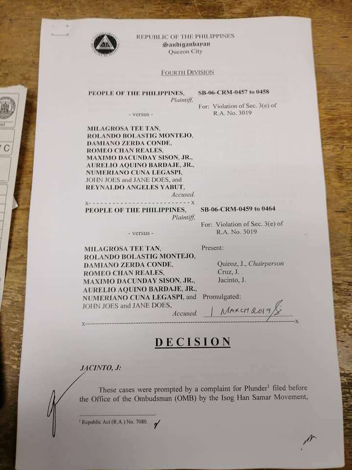 SAMAR CONG. MILA TAN, ONE OTHER, GUILTY FOR 8 COUNTS OF GRAFT; ANOTHER CO-ACCUSED FOR SENTENCED FOR 2 COUNTS