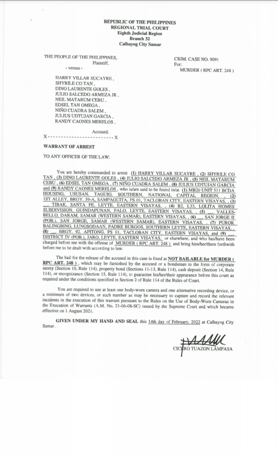 ARREST WARRANTS ARE NOW ISSUED AGAINST 9 POLICE OFFICERS IN THE MURDER OF CALBAYOG CITY MAYOR RONALDO P. AQUINO