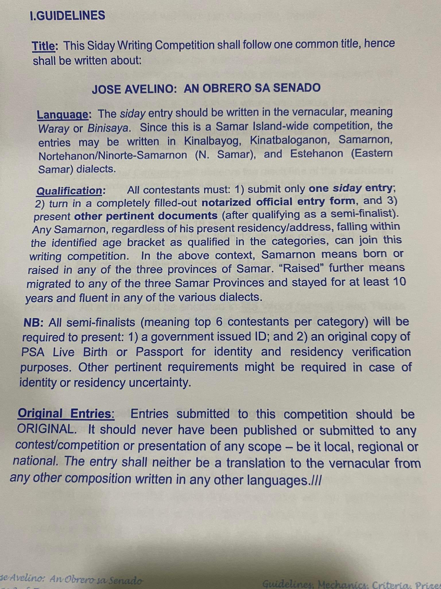 JOSE AVELINO: AN OBRERO SA SENADO, Siday Writing/performance competition, iginlansad; mga ESTEHANON, gin-awhag pumartisipar