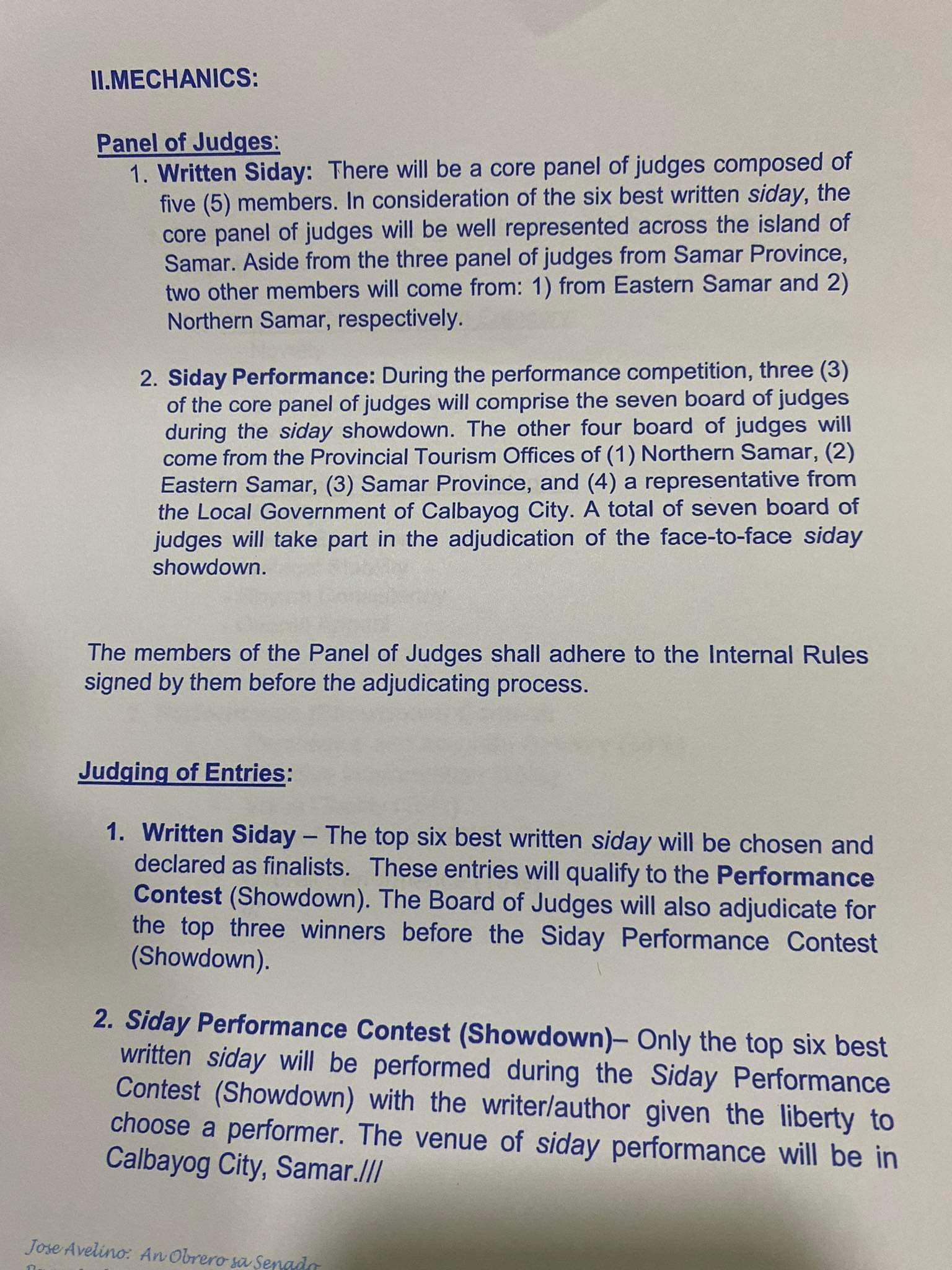 JOSE AVELINO: AN OBRERO SA SENADO, Siday Writing/performance competition, iginlansad; mga ESTEHANON, gin-awhag pumartisipar