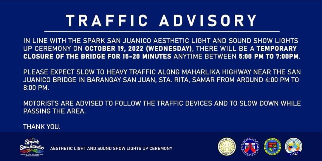 20-MINUTE TRAFFIC HALT AT SAN JUANICO BRIDGE FOR LIGHTS SWITCH-ON