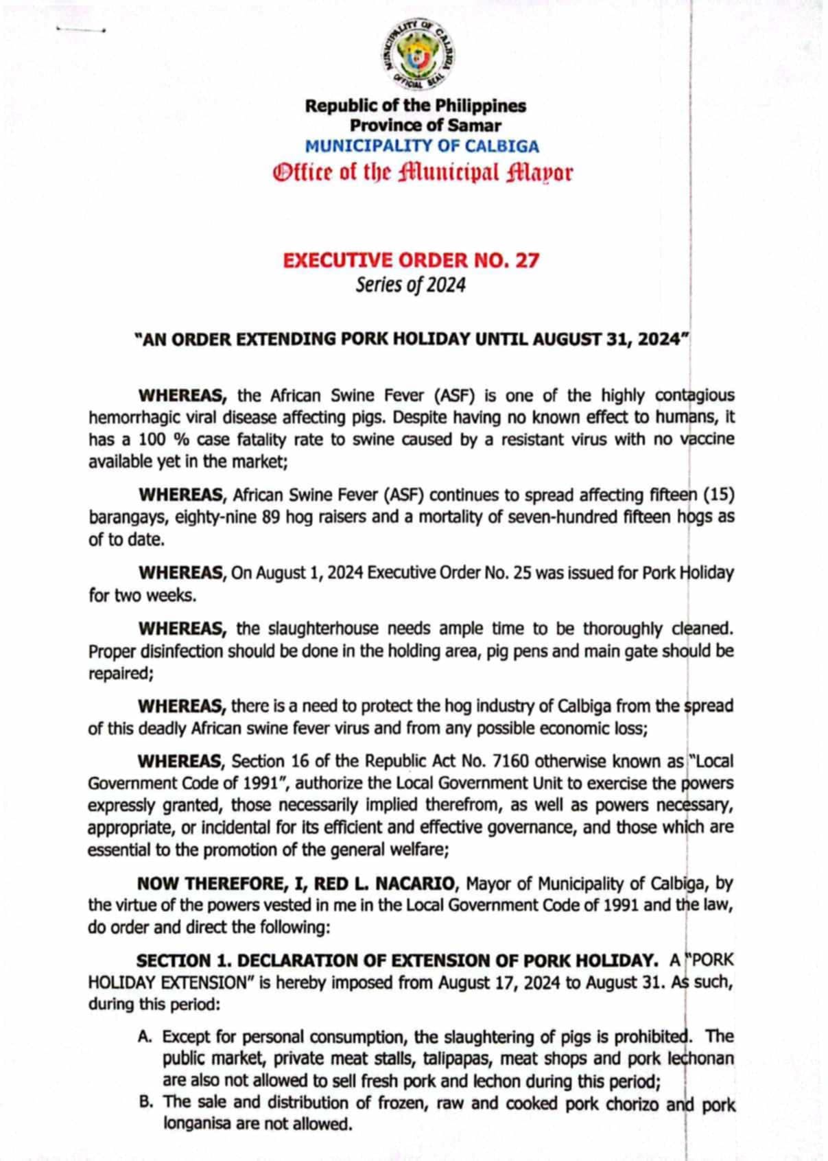 PORK HOLIDAY IN SAMAR TOWN EXTENDED