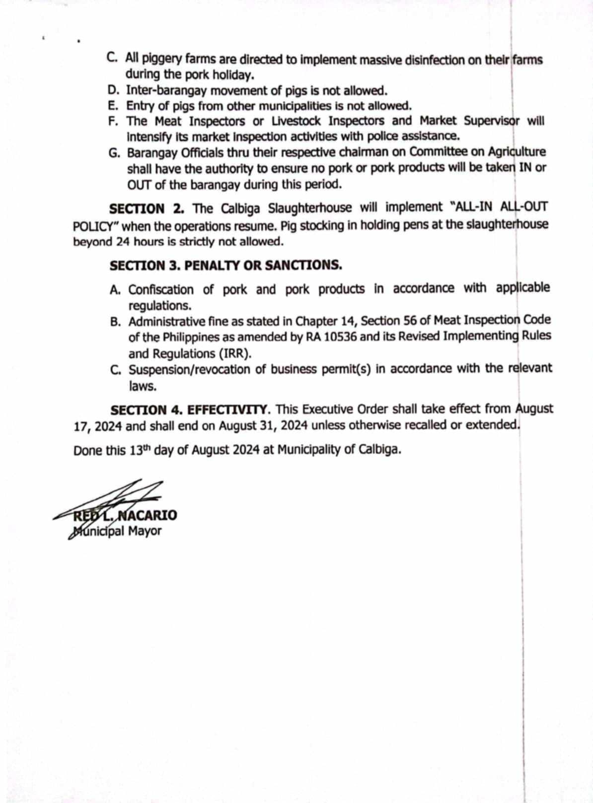 PORK HOLIDAY IN SAMAR TOWN EXTENDED