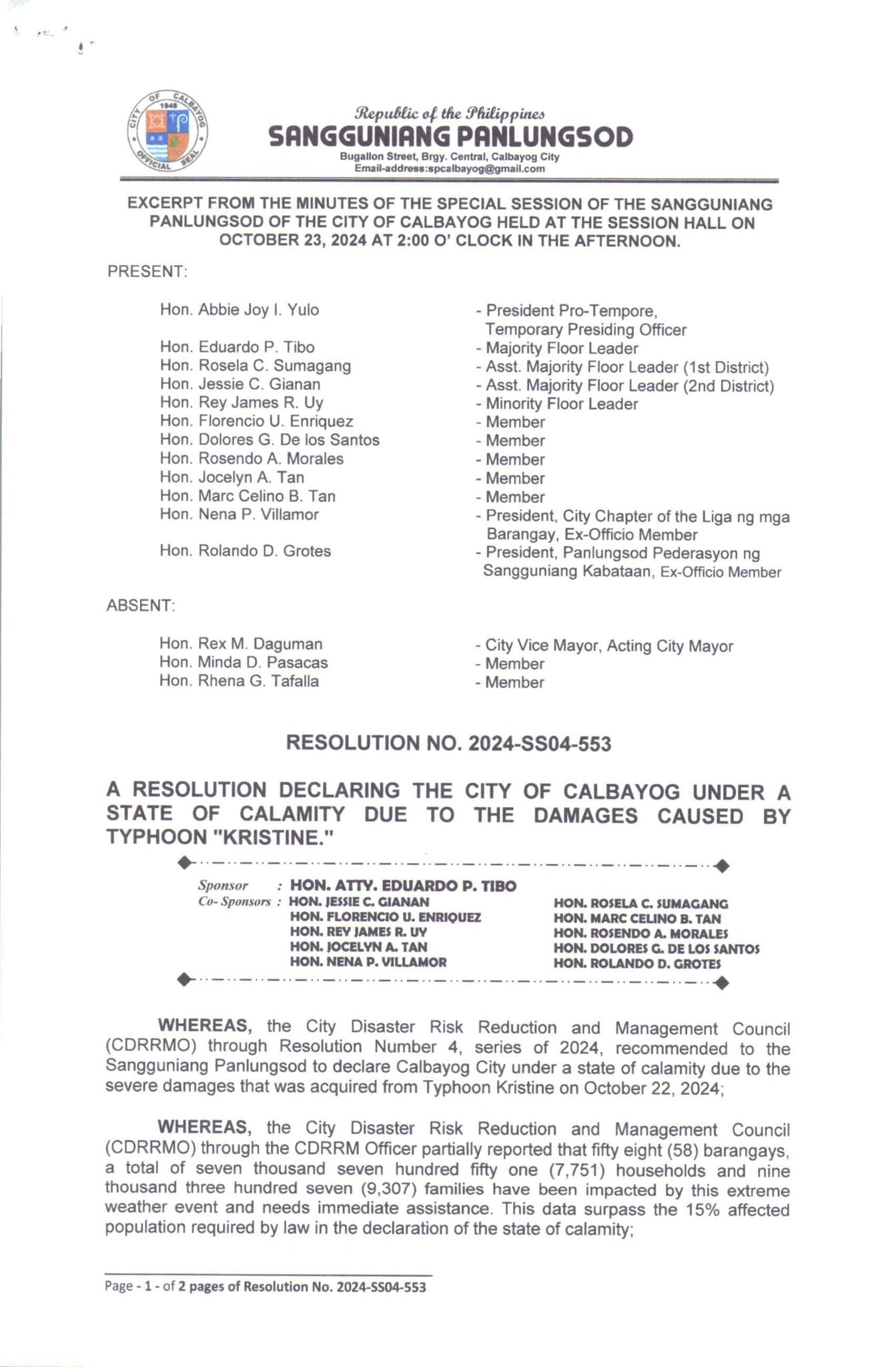 CALBAYOG CITY DECLARES STATE OF CALAMITY DUE TO EFFECTS OF TYPHOON KRISTINE.