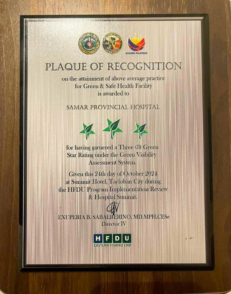 Samar Provincial Hospital Gets 3-Star Green and Safety Facility Award