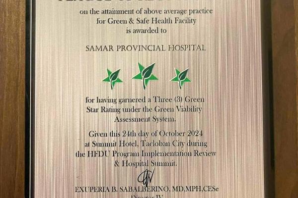 Samar Provincial Hospital Gets 3-Star Green and Safety Facility Award