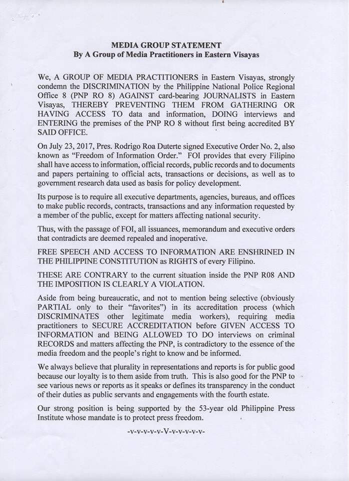 Media Group Statement Released Against PNP RO 8 Press Freedom Violation
