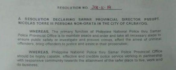 Calbayog City Council Declares Samar Police Provincial Director as "Persona Non-Grata"