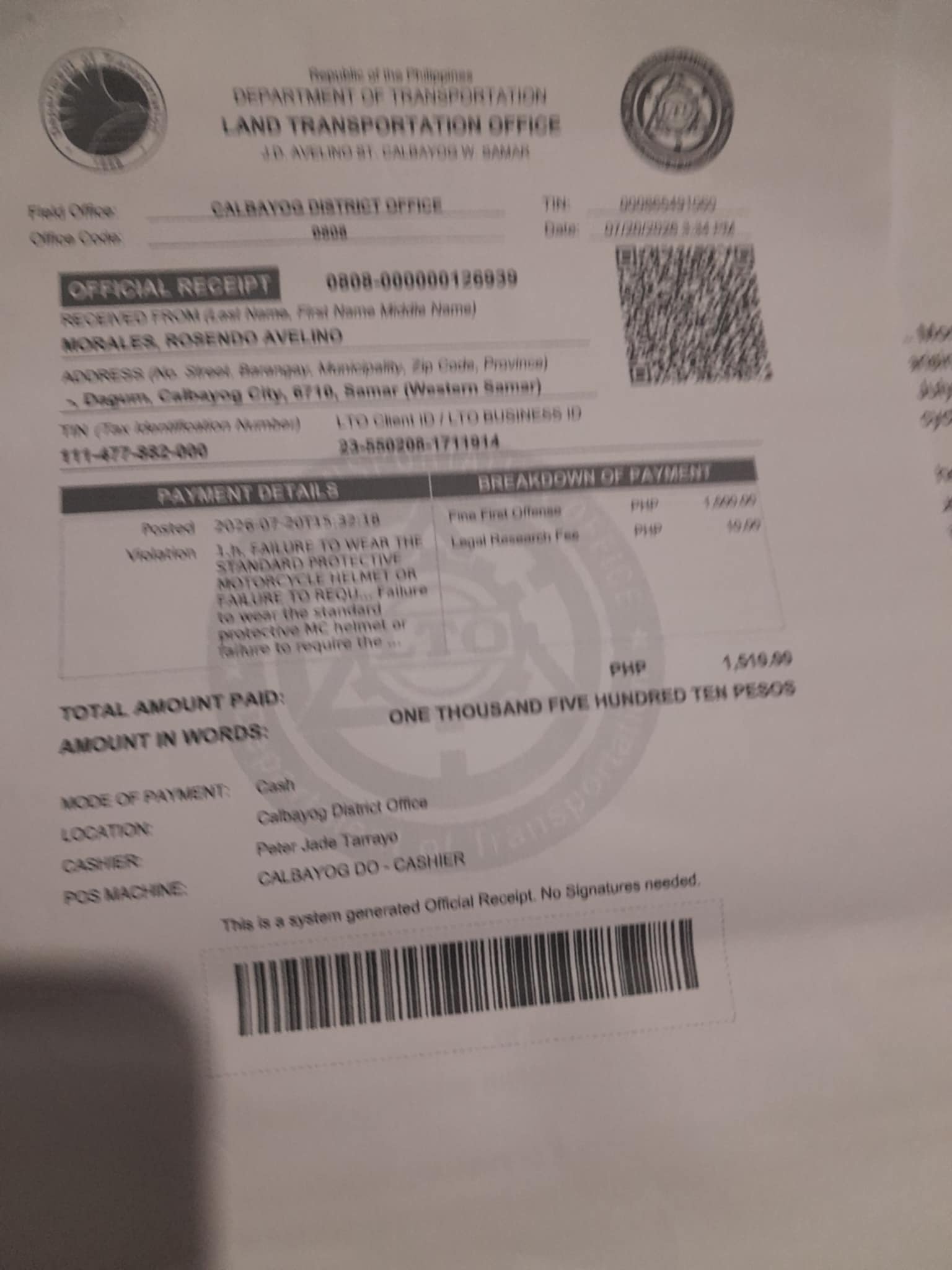 LTO Official Receipt for penalties paid by Hon. Rosendo A. Morales