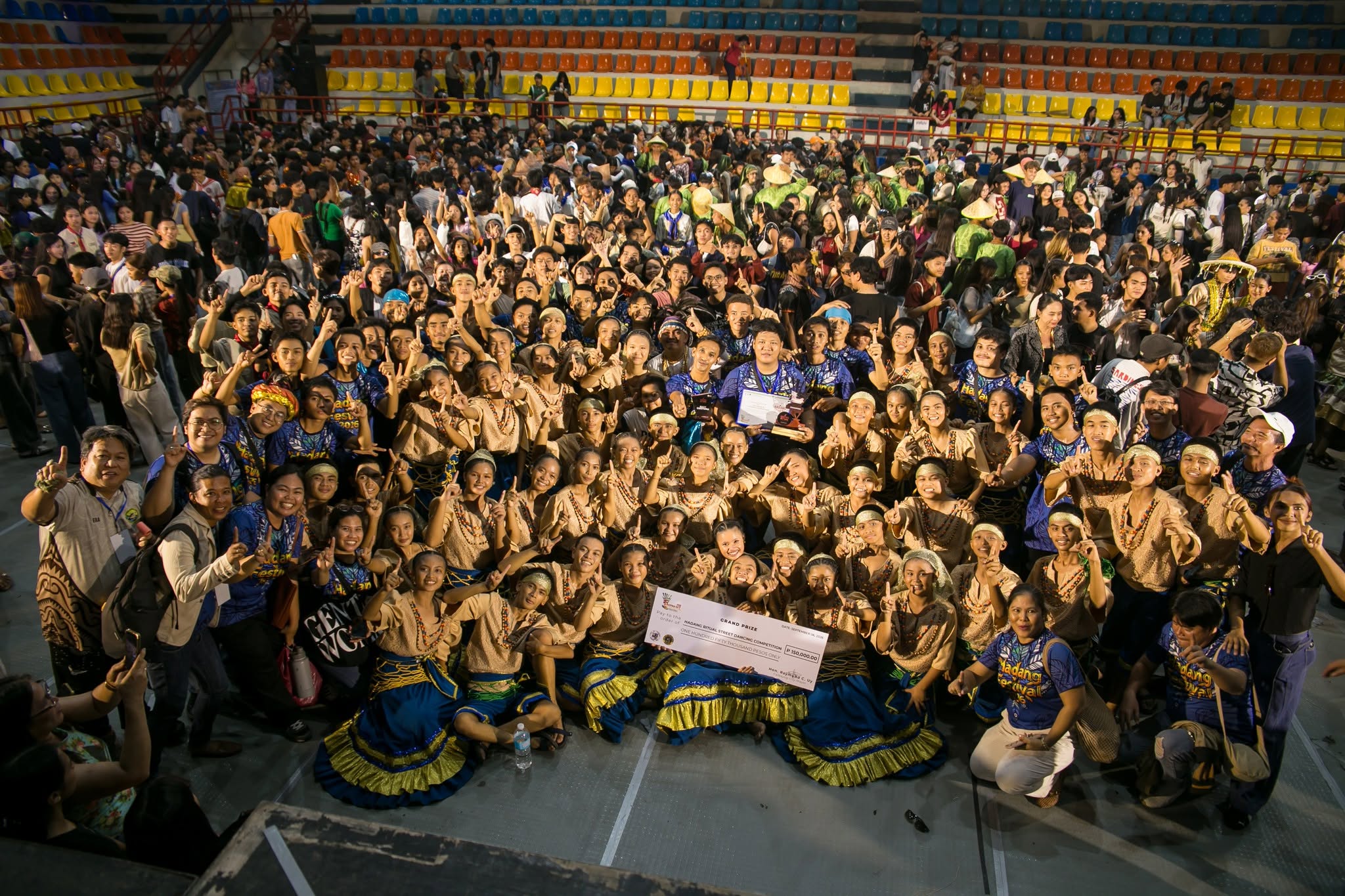 San Joaquin National High School celebrates after being declared grand winner of the Hadang Ritual Street Dancing Competition 2026. (Photo: City Arts and Culture Office - Calbayog City)